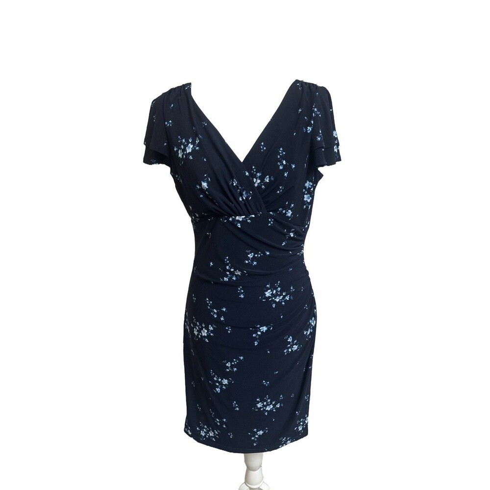 Ralph Lauren Women's 10 Navy Blue White Floral Faux Wrap Flutter Sleeve Dress